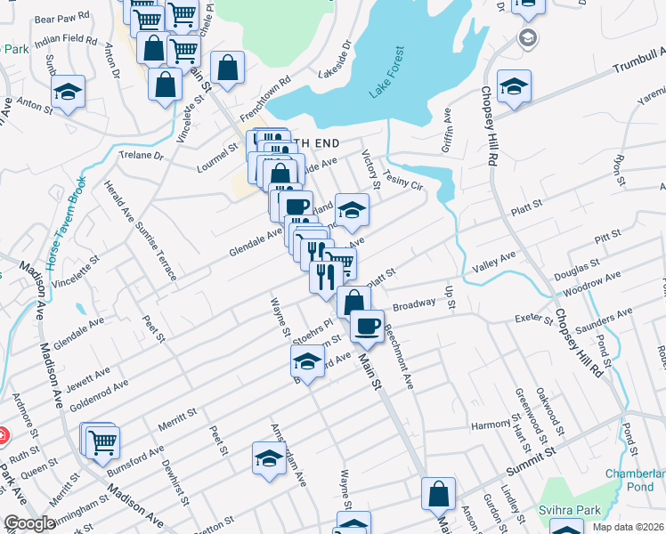 map of restaurants, bars, coffee shops, grocery stores, and more near 3770 Main Street in Bridgeport