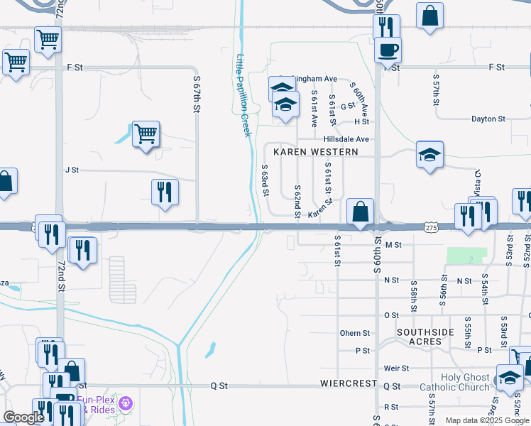 map of restaurants, bars, coffee shops, grocery stores, and more near 4624-1/2 South 63rd Street in Omaha