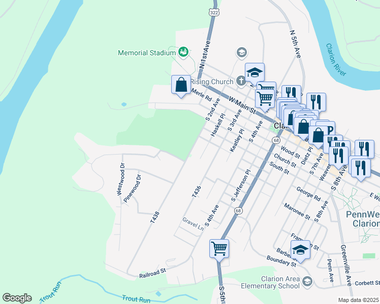 map of restaurants, bars, coffee shops, grocery stores, and more near 158 South 2nd Avenue in Clarion