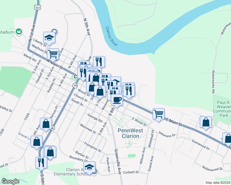 map of restaurants, bars, coffee shops, grocery stores, and more near 801 Twenty-Eighth Division Highway in Clarion