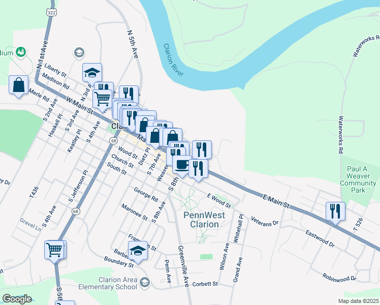 map of restaurants, bars, coffee shops, grocery stores, and more near North 8th Avenue in Clarion