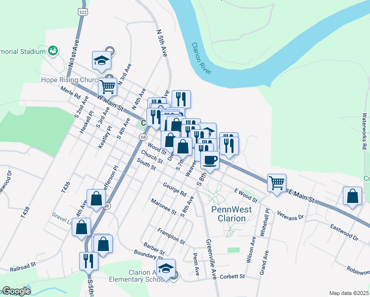 map of restaurants, bars, coffee shops, grocery stores, and more near 25 South 7th Avenue in Clarion