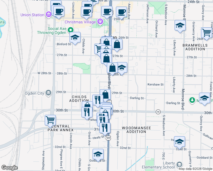 map of restaurants, bars, coffee shops, grocery stores, and more near 2855 Washington Boulevard in Ogden