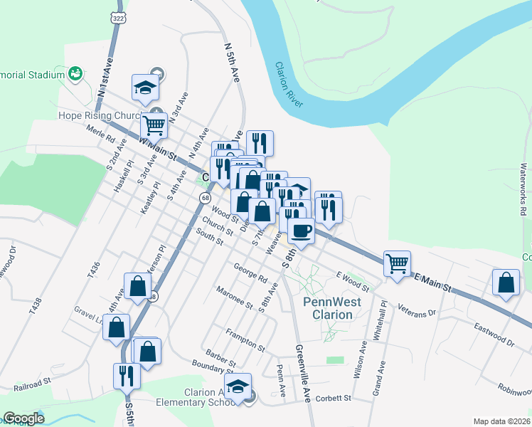 map of restaurants, bars, coffee shops, grocery stores, and more near 25-33 S 7th Ave in Clarion