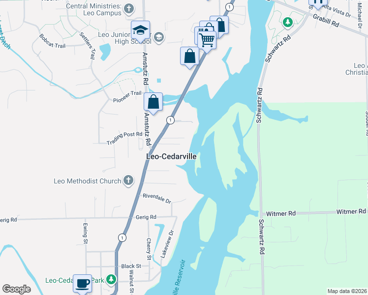 map of restaurants, bars, coffee shops, grocery stores, and more near 13812 Leo Road in Leo-Cedarville