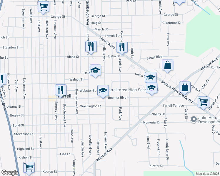 map of restaurants, bars, coffee shops, grocery stores, and more near 1317 Buhl Terrace in Farrell