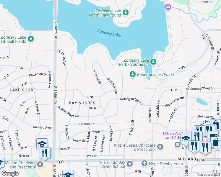 map of restaurants, bars, coffee shops, grocery stores, and more near 16273 L Street in Omaha