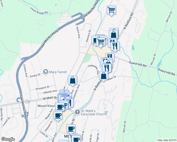 map of restaurants, bars, coffee shops, grocery stores, and more near 25 Barker Street in Mount Kisco