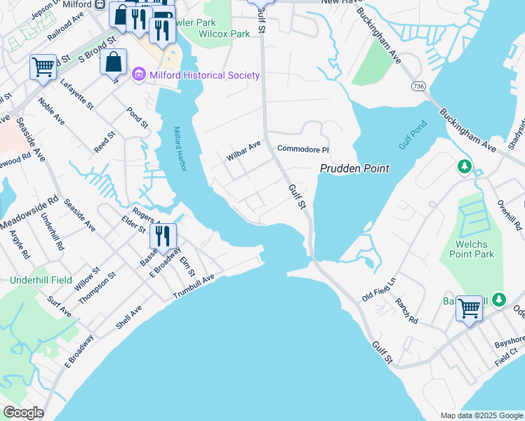 map of restaurants, bars, coffee shops, grocery stores, and more near 35 Oyster Landing Road in Milford