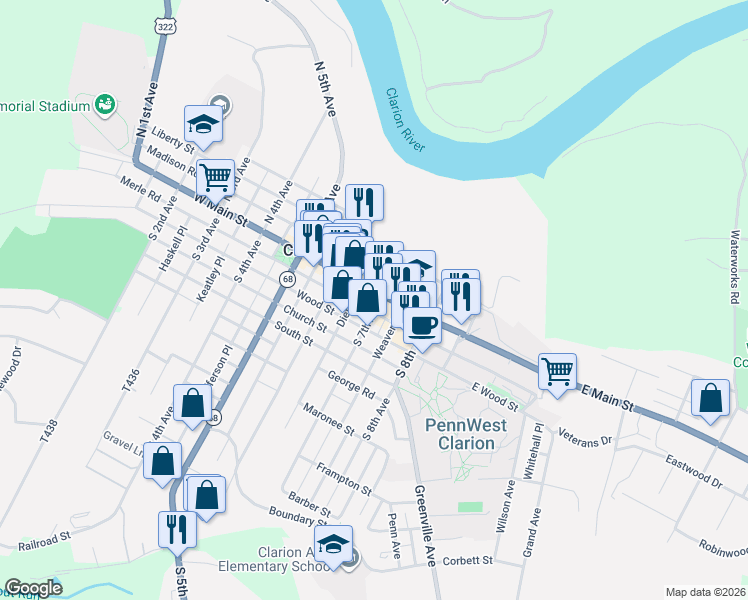 map of restaurants, bars, coffee shops, grocery stores, and more near 25-33 S 7th Ave in Clarion