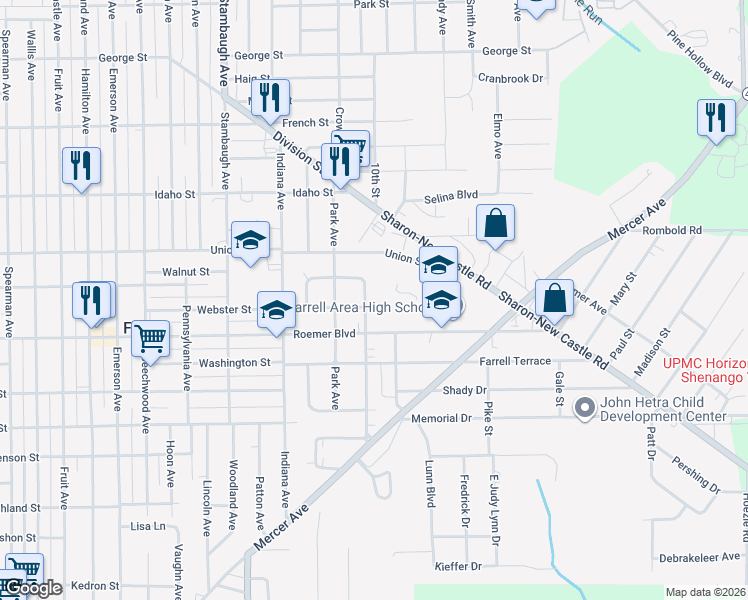 map of restaurants, bars, coffee shops, grocery stores, and more near 1504 Roemer Boulevard in Farrell