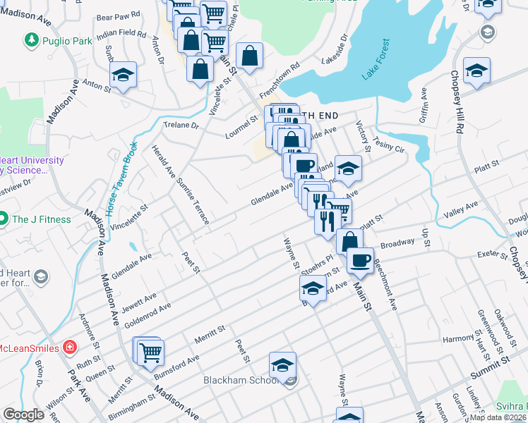 map of restaurants, bars, coffee shops, grocery stores, and more near 203 Englewood Avenue in Bridgeport