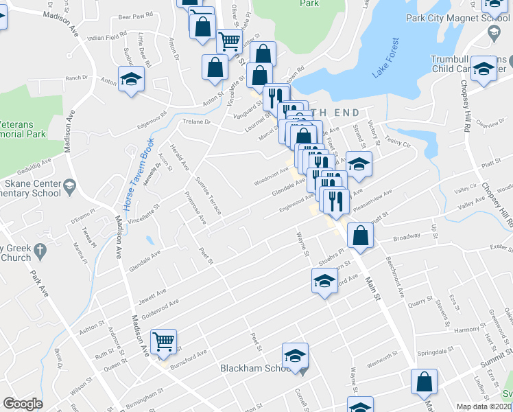 map of restaurants, bars, coffee shops, grocery stores, and more near 203 Englewood Avenue in Bridgeport