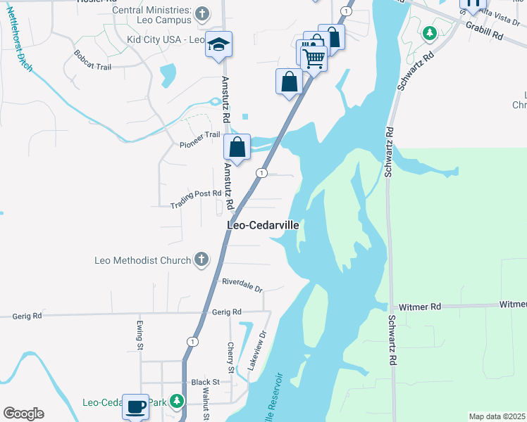 map of restaurants, bars, coffee shops, grocery stores, and more near in Leo-Cedarville