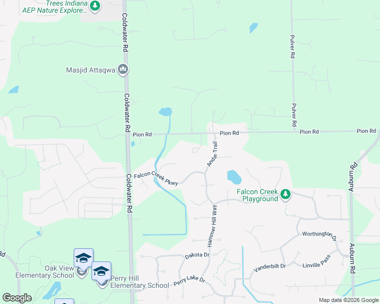 map of restaurants, bars, coffee shops, grocery stores, and more near 1111 Falcon Creek Pkwy in Fort Wayne