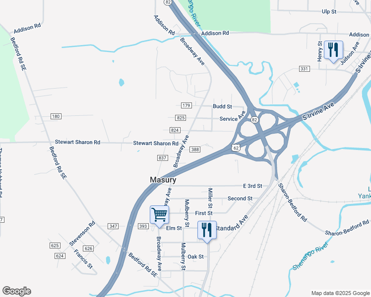 map of restaurants, bars, coffee shops, grocery stores, and more near 1145 Broadway Avenue in Masury