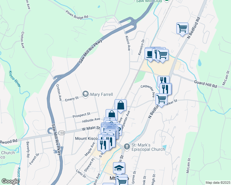 map of restaurants, bars, coffee shops, grocery stores, and more near 104 Kisco Avenue in Mount Kisco