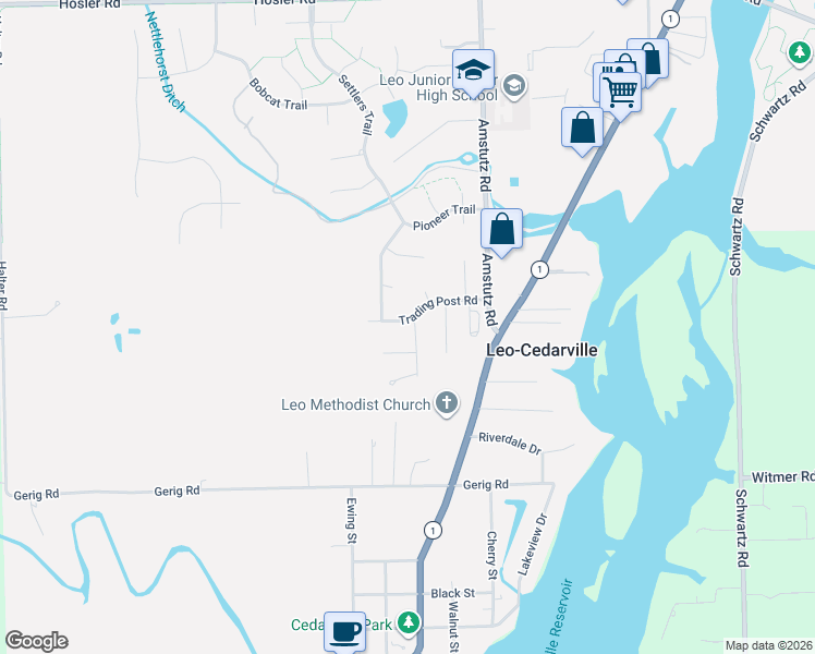 map of restaurants, bars, coffee shops, grocery stores, and more near 13808 Blacksmith Run in Leo-Cedarville