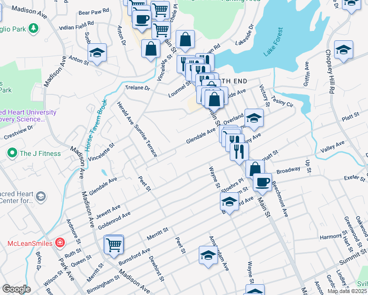 map of restaurants, bars, coffee shops, grocery stores, and more near 189 Glendale Avenue in Bridgeport