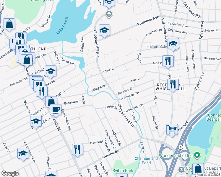 map of restaurants, bars, coffee shops, grocery stores, and more near 830 Chopsey Hill Road in Bridgeport