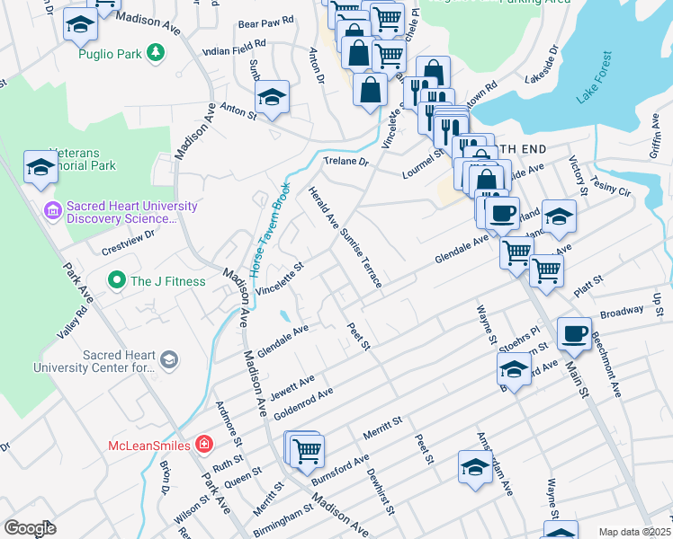map of restaurants, bars, coffee shops, grocery stores, and more near 445 Vincellette Street in Bridgeport