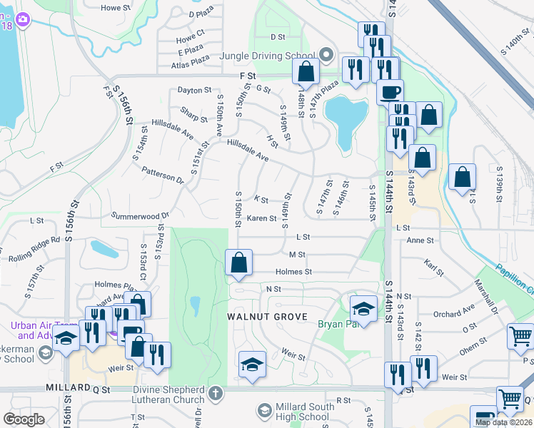map of restaurants, bars, coffee shops, grocery stores, and more near 14912 K Street in Omaha