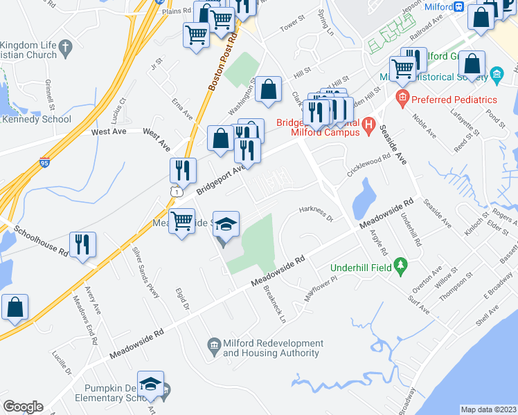 map of restaurants, bars, coffee shops, grocery stores, and more near 93 Robert Treat Drive in Milford