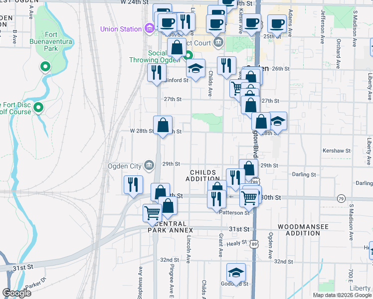 map of restaurants, bars, coffee shops, grocery stores, and more near 187 28th Street in Ogden