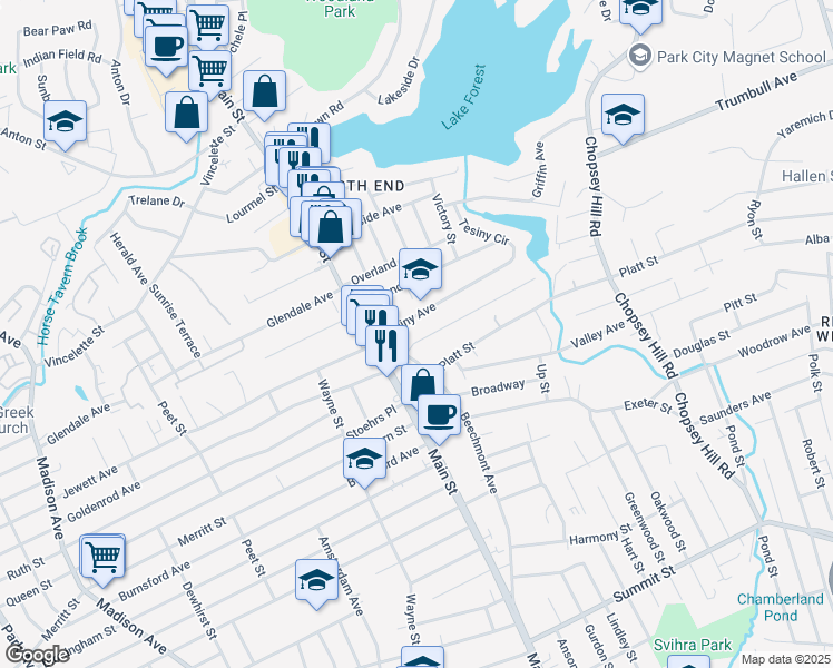 map of restaurants, bars, coffee shops, grocery stores, and more near 275 Tesiny Avenue in Bridgeport