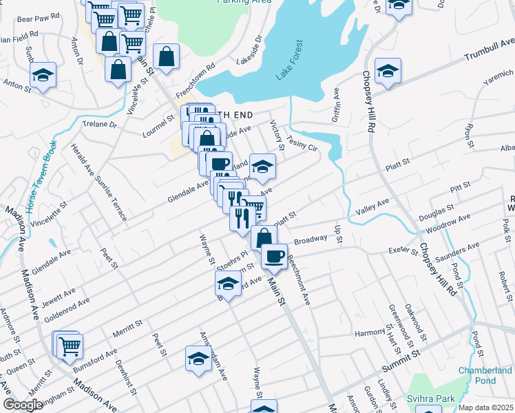map of restaurants, bars, coffee shops, grocery stores, and more near 275 Tesiny Avenue in Bridgeport