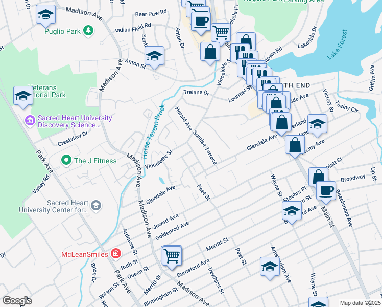 map of restaurants, bars, coffee shops, grocery stores, and more near 445 Vincellette Street in Bridgeport