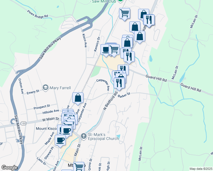 map of restaurants, bars, coffee shops, grocery stores, and more near 224 Carpenter Avenue in Mount Kisco