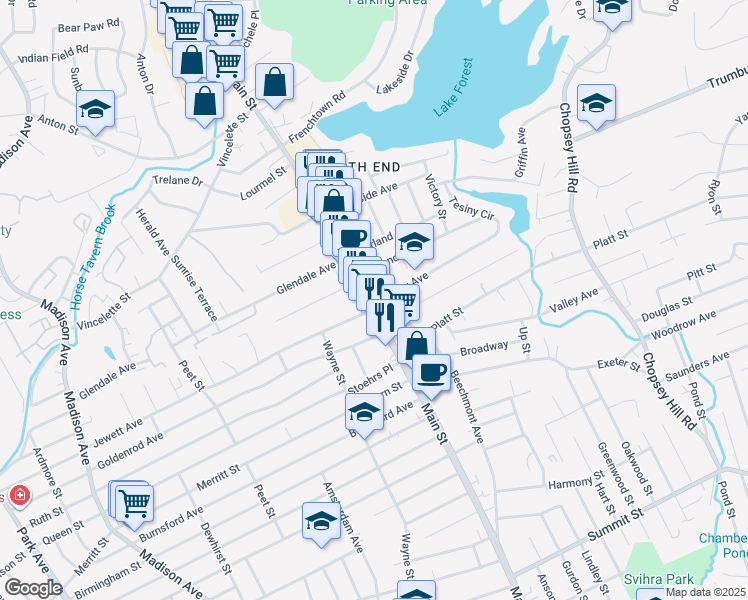 map of restaurants, bars, coffee shops, grocery stores, and more near 3880 Main Street in Bridgeport