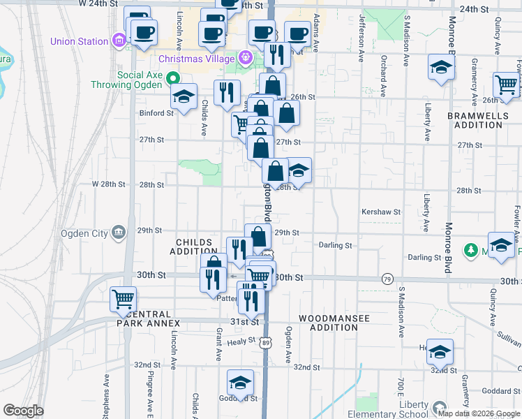 map of restaurants, bars, coffee shops, grocery stores, and more near 2810 Washington Boulevard in Ogden