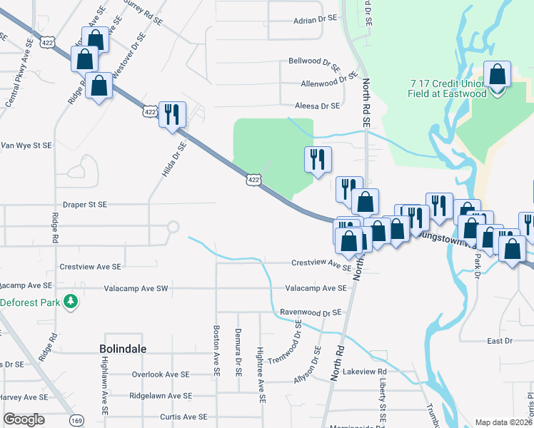 map of restaurants, bars, coffee shops, grocery stores, and more near 4166 Youngstown Road Southeast in Warren