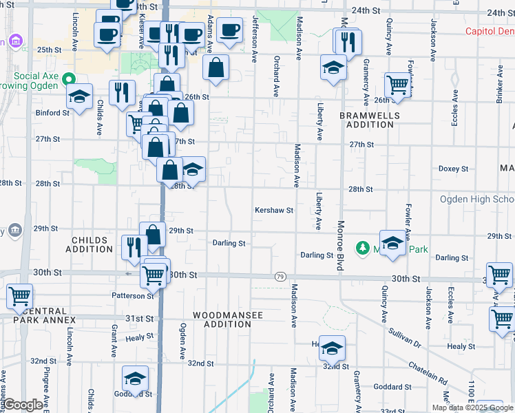 map of restaurants, bars, coffee shops, grocery stores, and more near 2838 Jefferson Avenue in Ogden