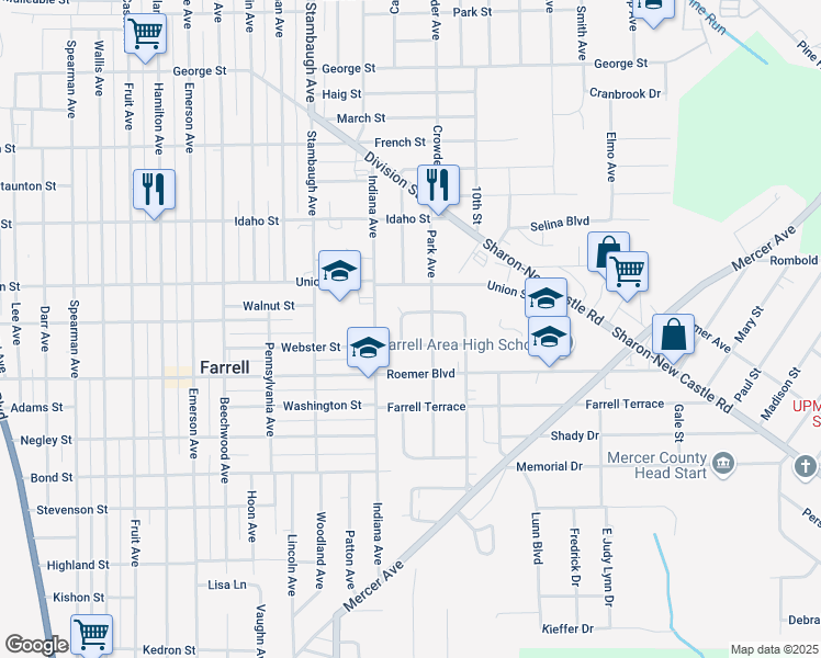 map of restaurants, bars, coffee shops, grocery stores, and more near 320 Shenango Boulevard in Farrell