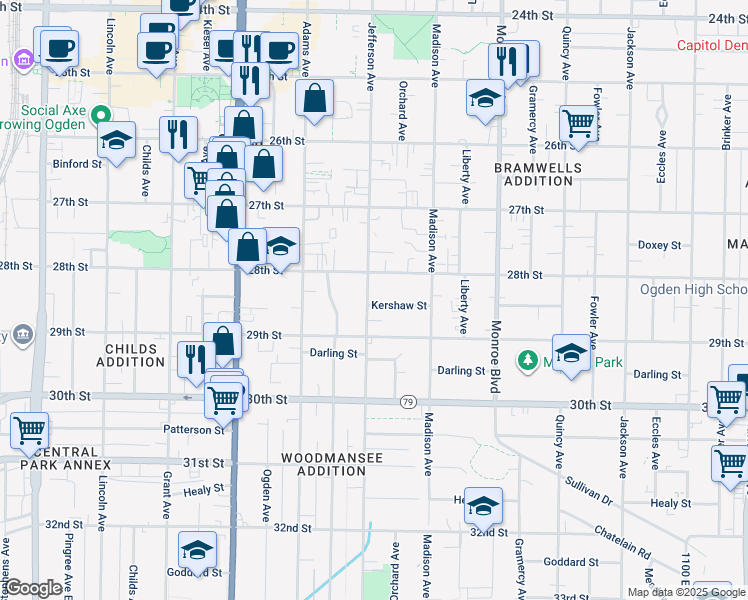 map of restaurants, bars, coffee shops, grocery stores, and more near 2838 Jefferson Avenue in Ogden