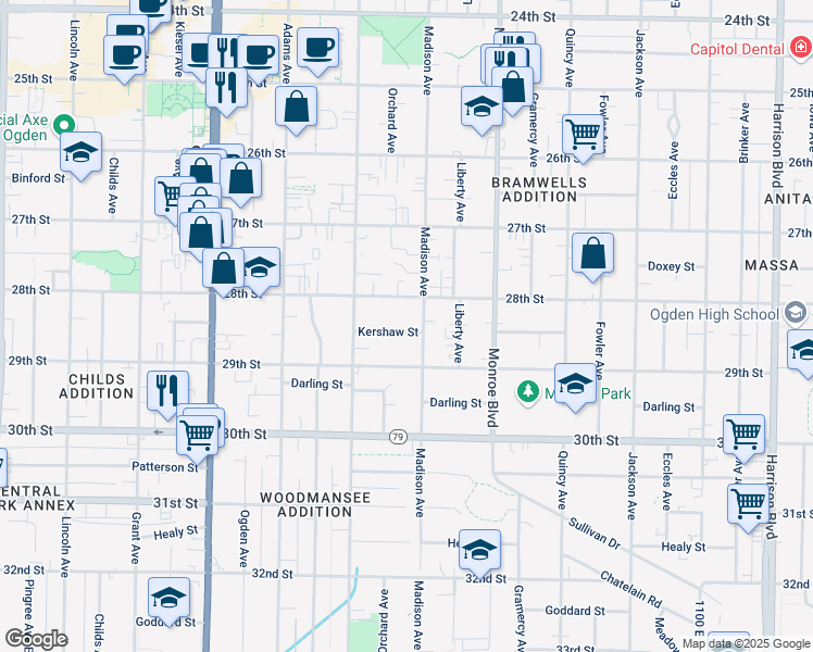 map of restaurants, bars, coffee shops, grocery stores, and more near 680 Kershaw Street in Ogden