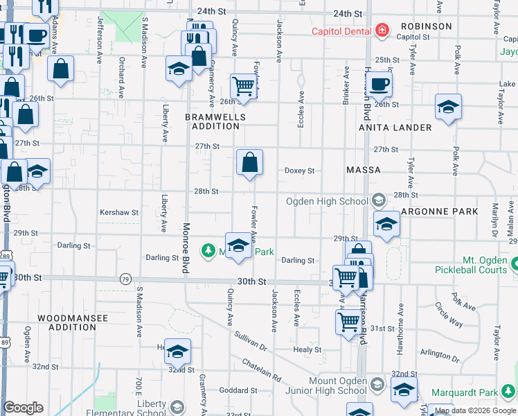 map of restaurants, bars, coffee shops, grocery stores, and more near 2830 Fowler Avenue in Ogden