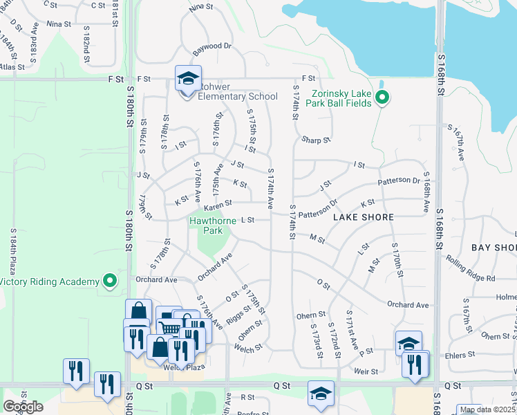 map of restaurants, bars, coffee shops, grocery stores, and more near 17465 K Street in Omaha