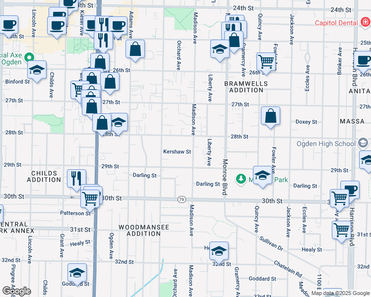 map of restaurants, bars, coffee shops, grocery stores, and more near 680 Kershaw Street in Ogden