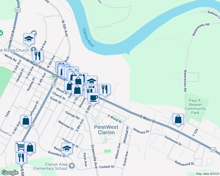 map of restaurants, bars, coffee shops, grocery stores, and more near North 8th Avenue in Clarion