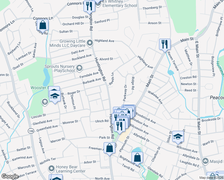 map of restaurants, bars, coffee shops, grocery stores, and more near 49 Reeds Lane in Stratford