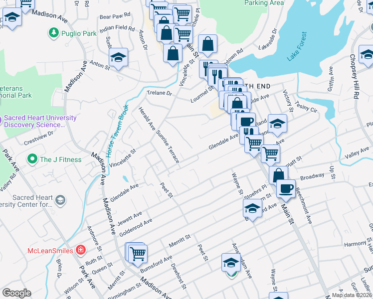 map of restaurants, bars, coffee shops, grocery stores, and more near 200 Woodmont Avenue in Bridgeport