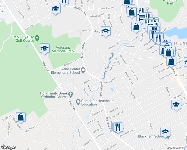map of restaurants, bars, coffee shops, grocery stores, and more near 216 Cherry Hill Drive in Bridgeport