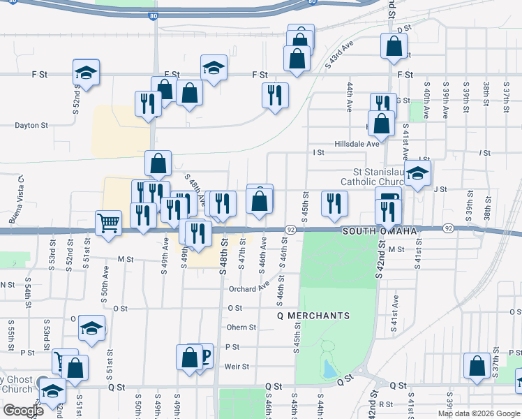 map of restaurants, bars, coffee shops, grocery stores, and more near 4510 South 46th Avenue in Omaha