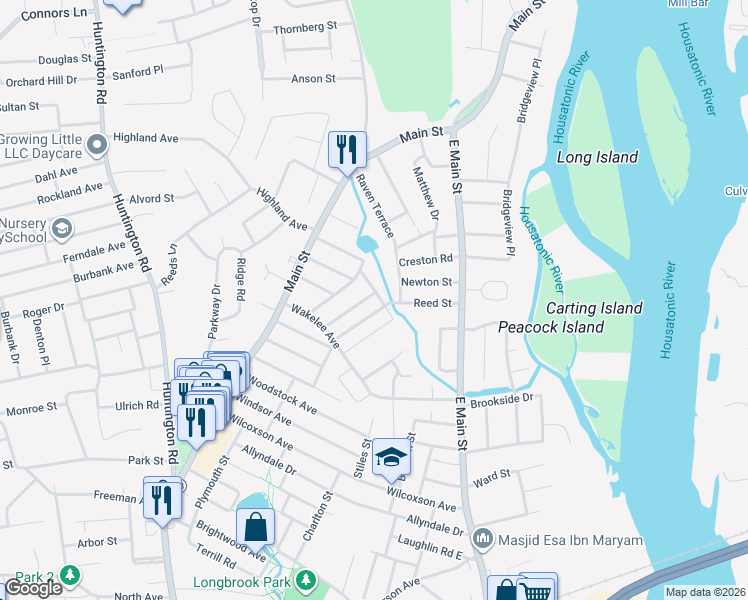 map of restaurants, bars, coffee shops, grocery stores, and more near 39 Woodland Avenue in Stratford