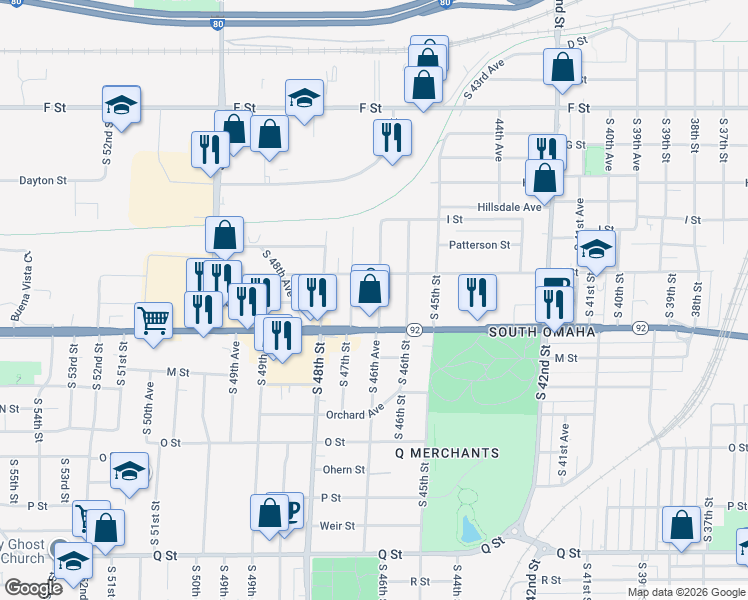 map of restaurants, bars, coffee shops, grocery stores, and more near 4510 South 46th Avenue in Omaha