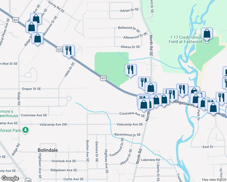 map of restaurants, bars, coffee shops, grocery stores, and more near 4166 Youngstown Road Southeast in Warren